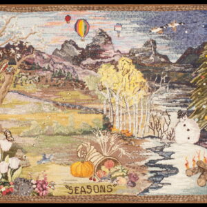 A densely hooked multicolor rug illustrates a detailed landscape combining elements of all four seasons and the word "SEASONS."
