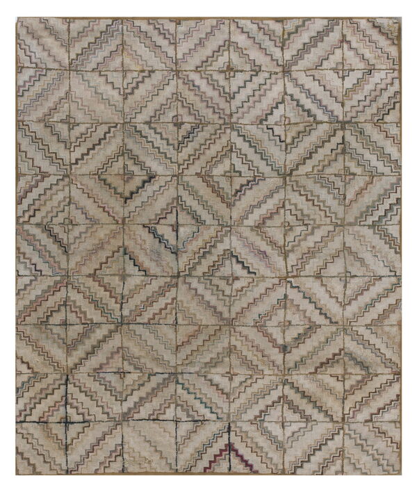 Muted beige rug covered in a repeating grid of stepped diamond motifs using faded multicolored lines.