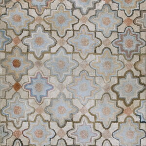 Textured rug featuring a geometric pattern of blue and rust star shapes framed by brown lines on a light beige field.