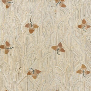 A textured rug displays a wavy background pattern of beige and cream with scattered brown acorn designs.
