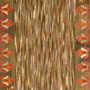 Abstract rug with brown vertical stripes and an olive border decorated with pink flowers and stylized scrollwork.
