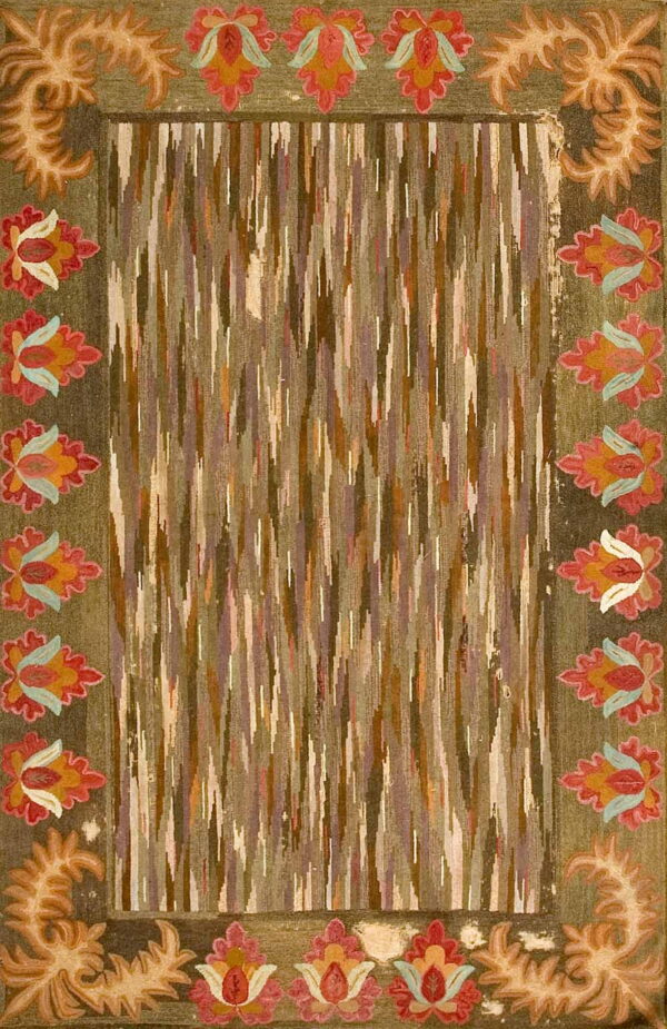 Abstract rug with brown vertical stripes and an olive border decorated with pink flowers and stylized scrollwork.