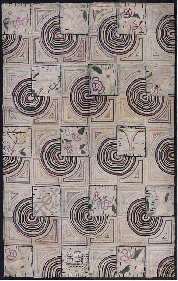 Geometric patchwork rug in cream, purple, and green with offset squares showing floral and nautical designs.