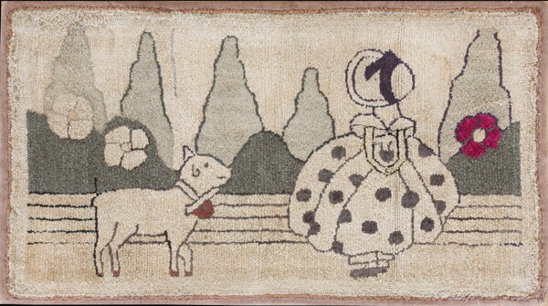 Pictorial looped rug depicting a cream and brown dotted figure with a lamb in a gray outdoor scene.