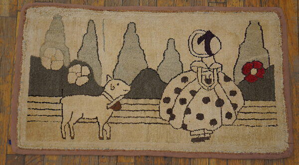 Beige folk art rug showing a polka-dot figure and a lamb in a gray and brown wooded setting.