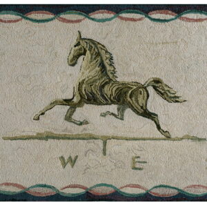 Cream hooked rug featuring a green galloping horse design, compass points, and a wavy teal and dusty rose border.