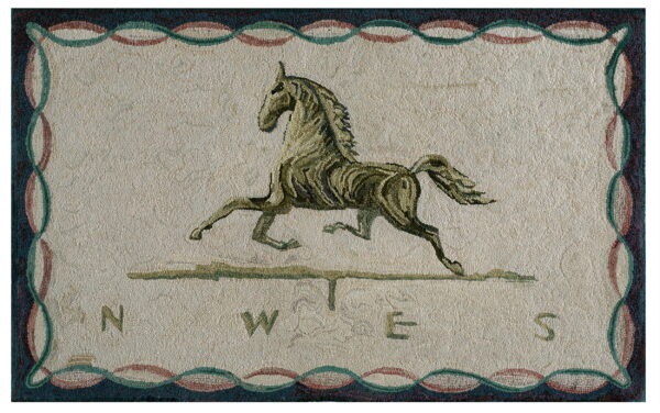 Cream hooked rug featuring a green galloping horse design, compass points, and a wavy teal and dusty rose border.