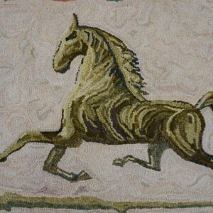 Rug with a dense, looped texture showing a green and brown stylized horse on a pale beige background.