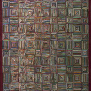 Variegated multicolored rug featuring a high-texture surface in a tessellated concentric square grid pattern and a maroon border.