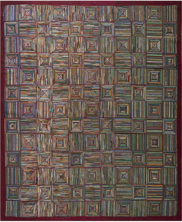 Variegated multicolored rug featuring a high-texture surface in a tessellated concentric square grid pattern and a maroon border.