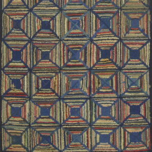 Multicolored hooked rug with a geometric log cabin pattern of striped squares surrounding solid blue centers.