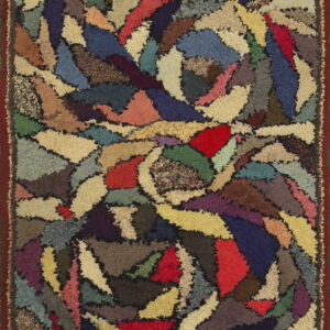 Abstract rug featuring irregular, multi-hued shaggy patches arranged in a dense, swirling design and a dark red border.