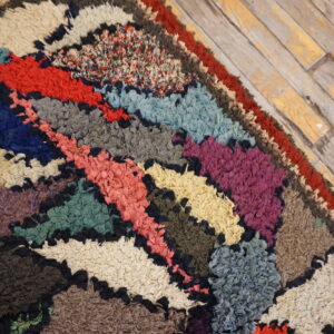 Detail of a highly textured, multicolored rug with irregular, dark-outlined shapes on distressed flooring.