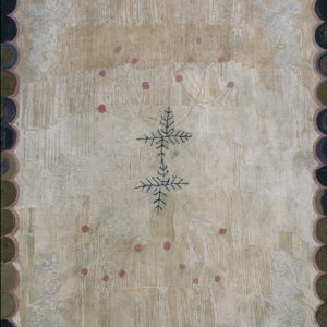 Muted beige rug with striated texture, dark cross centerpiece, pink spots, and a thick scalloped dark border.