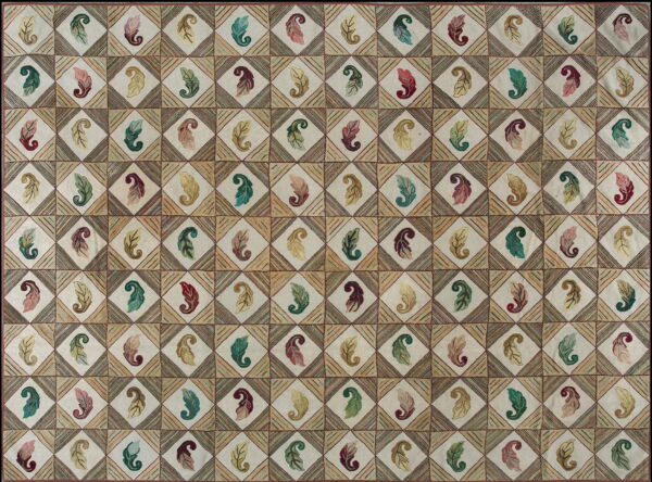 Muted rug featuring a geometric diamond grid with colorful stylized paisley or leaf motifs and striped infill.