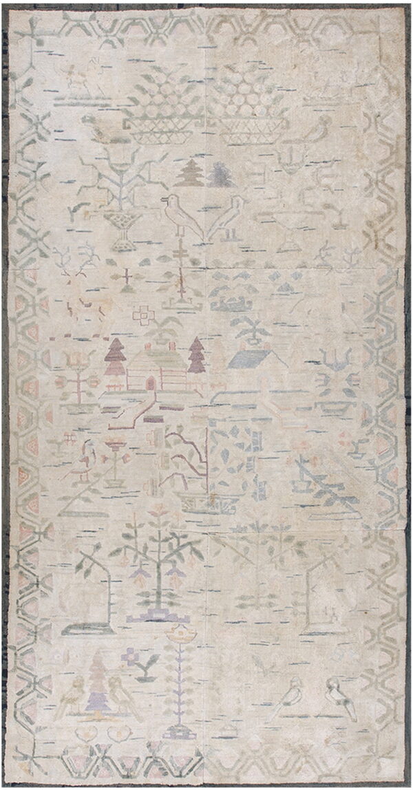 A muted cream rug featuring primitive pictorial designs of birds, trees, and houses in soft pastel colors.
