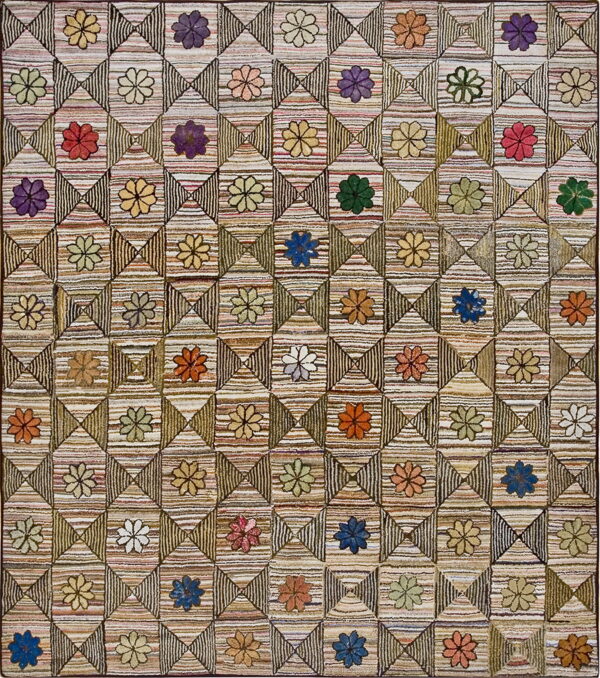 Textured rug with multicolored flowers set inside a geometric striped checkerboard pattern.