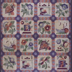 A textured rug grid with purple and rust borders framing squares containing folk art motifs.