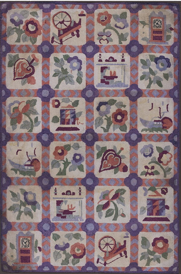 A textured rug grid with purple and rust borders framing squares containing folk art motifs.