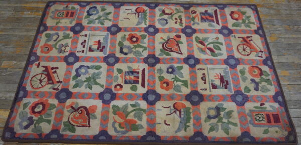 Cream rug with purple and coral grid framing squares filled with various floral and folk motifs.