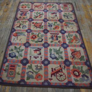 Colorful rug featuring checkered squares of flowers and objects connected by purple and coral geometric borders on wood flooring.