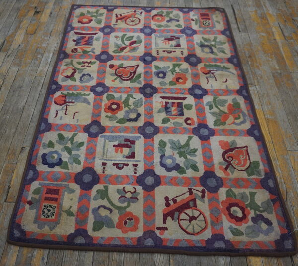 Colorful rug featuring checkered squares of flowers and objects connected by purple and coral geometric borders on wood flooring.