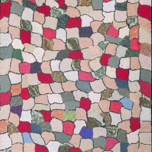Hooked rug featuring a multicolored, irregular cobblestone pattern using red, blue, green, and neutral patches.