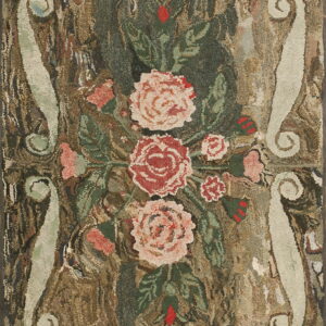 Highly textured rug featuring a rustic rose bouquet surrounded by pale green scrolling on a mottled brown ground.