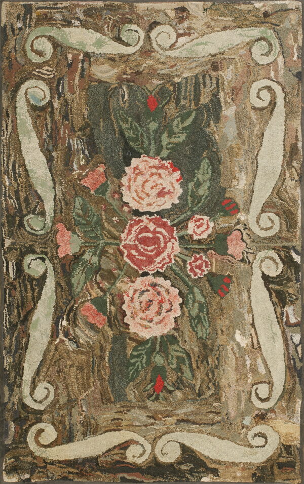 Highly textured rug featuring a rustic rose bouquet surrounded by pale green scrolling on a mottled brown ground.
