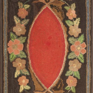 Textured low-pile rug with a central red oval surrounded by colorful floral garlands on a dark ground.