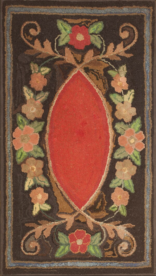 Textured low-pile rug with a central red oval surrounded by colorful floral garlands on a dark ground.