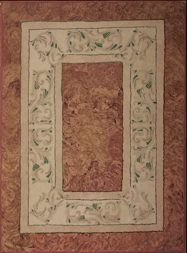 Distressed, low-pile rug featuring a mottled russet center and an ornate beige border with green leaves.