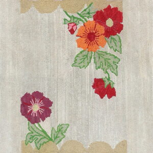 Beige looped rug displays a vibrant floral pattern with red, orange, and magenta blooms and green leaves.