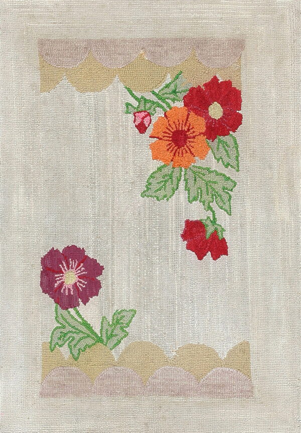 Beige looped rug displays a vibrant floral pattern with red, orange, and magenta blooms and green leaves.