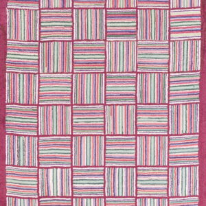 Textured runner rug featuring a magenta grid enclosing blocks of alternating horizontal and vertical colorful stripes.