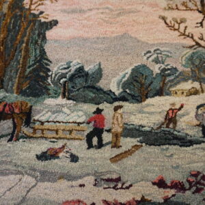 A loop-pile pictorial rug features a snowy scene with trees, figures, and a brown horse.
