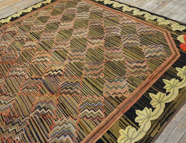 Textured square rug featuring dark stripes, multicolored zigzag cloud motifs, and a yellow-green leafy border.