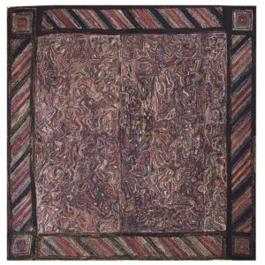 Multicolor textured rug displaying a swirling abstract field and a dark border with diagonal stripes.