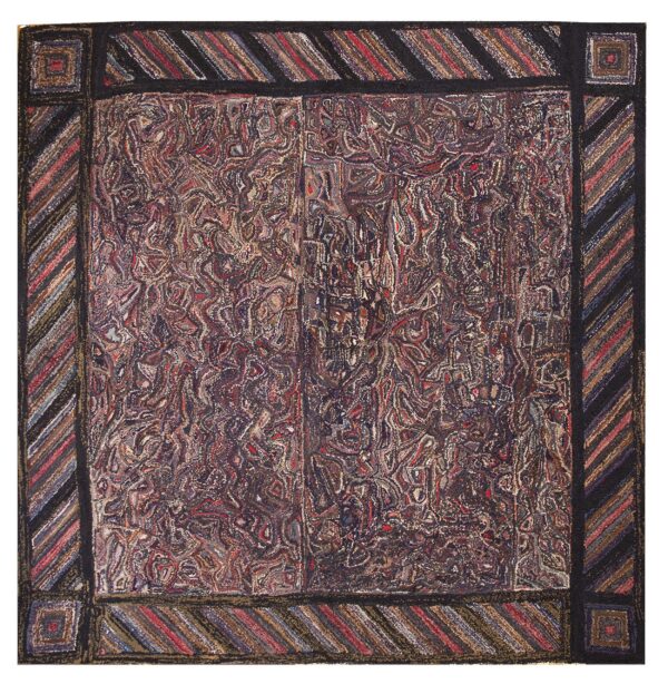 Multicolor textured rug displaying a swirling abstract field and a dark border with diagonal stripes.