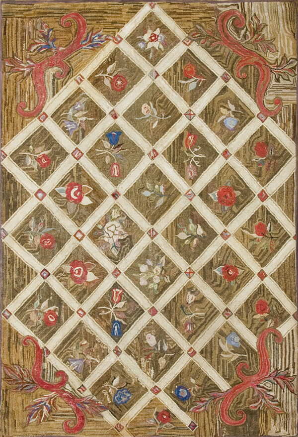 Textured brown rug with a cream floral lattice, featuring red scrolling botanical motifs at the corners.