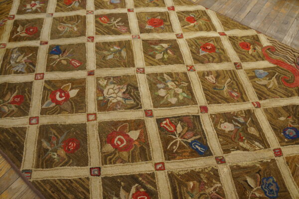 Earth-toned, high-texture rug featuring a beige trellis pattern and colorful floral squares on wood flooring.