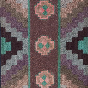 Multi-colored hooked rug featuring a central maroon band with pink and teal stylized floral shapes.