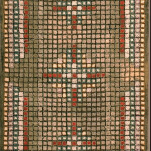 Olive green high-pile rug with a square grid pattern featuring two red and cream geometric crosses.