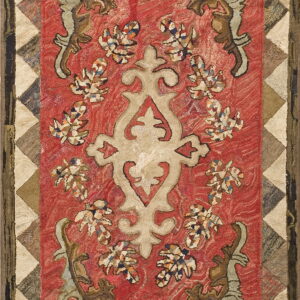 Rustic hooked rug featuring a cream medallion, brown scrolling florals on a wavy red background, and a checkered border.