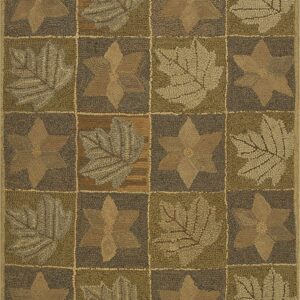 Textured hooked runner rug displaying a mosaic of tan stars and varied green leaf patterns in earth tones.