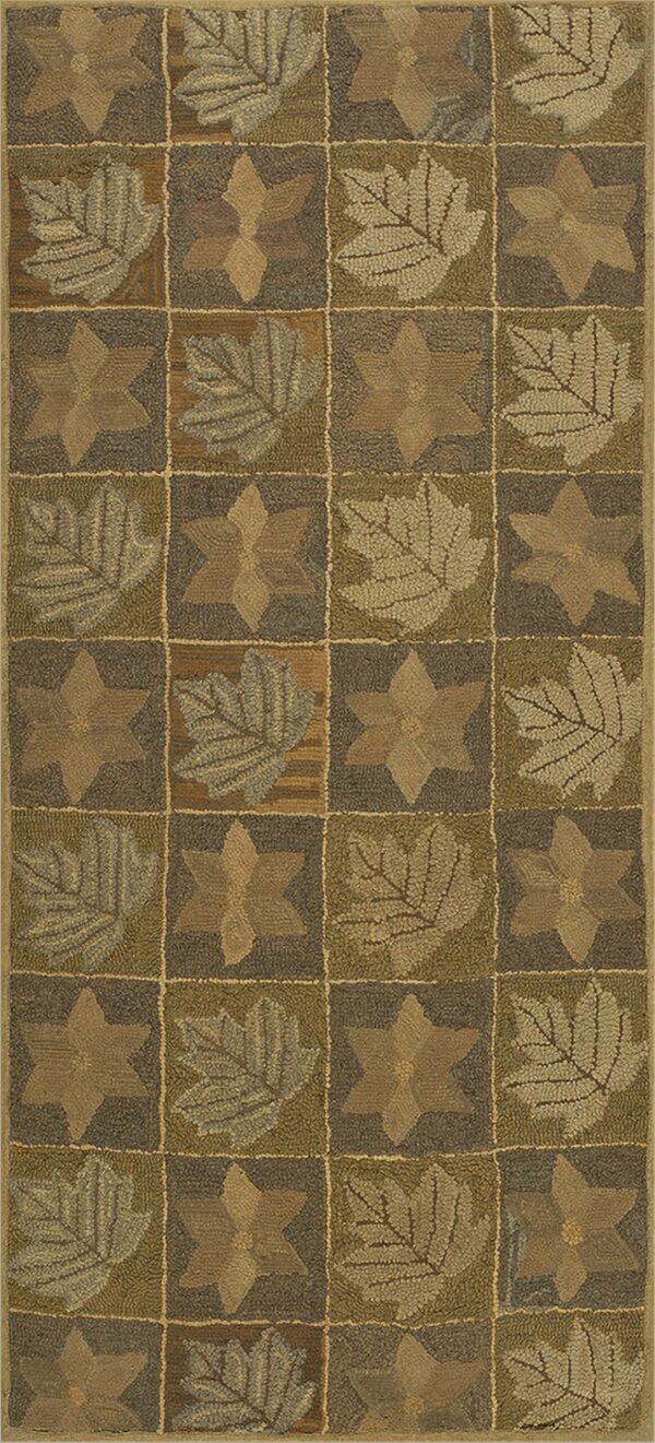 Textured hooked runner rug displaying a mosaic of tan stars and varied green leaf patterns in earth tones.