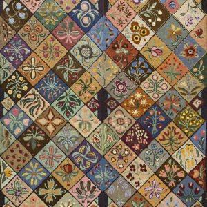 Multicolored rug with a rustic, low pile showing a patchwork of varied floral motifs in diamond squares.