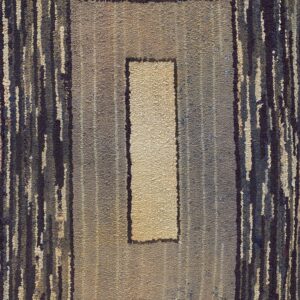 High-texture rug with a light beige center rectangle bordered by taupe and dark vertical stripes.