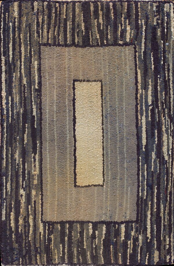 High-texture rug with a light beige center rectangle bordered by taupe and dark vertical stripes.