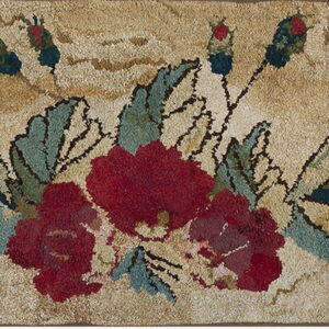 Textured, narrow rug displaying oversized red and teal floral motifs against a variegated beige background.
